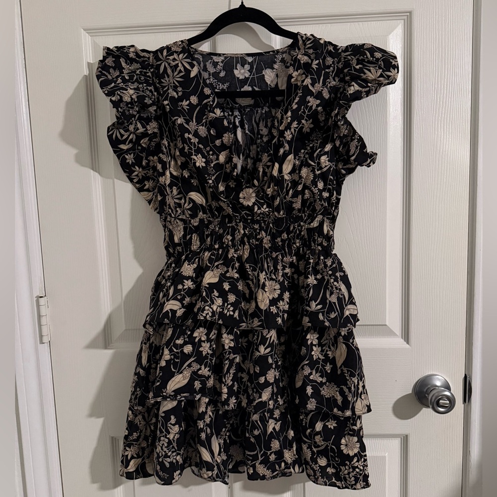 Floral print v-neck tiered ruffle cotton mini dress - Picture 2 of 7